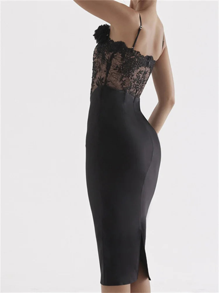 3D Flower Patchwork Lace Sleeveless See Through Slim Black Midi Dress