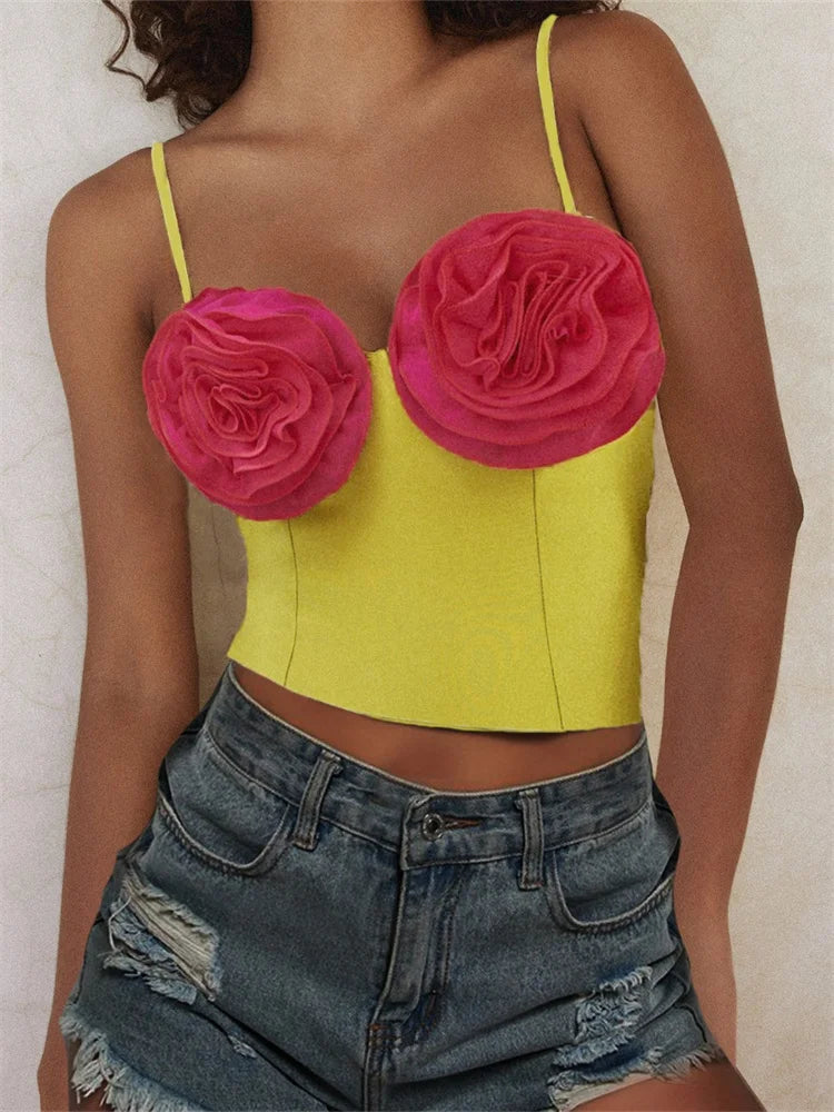 3D Flower Patchwork for Women Girls Sleeveless Strap V-neck Summer Streetwear Slim Fit Mini Vest 2024 Crop Top