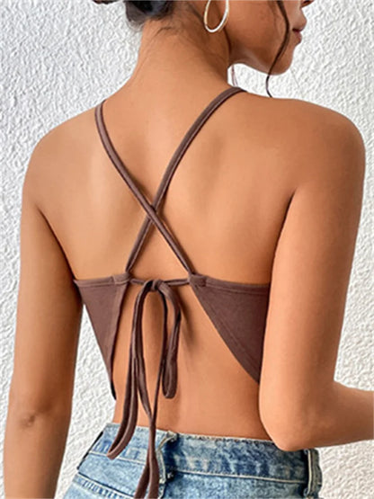 Backless Criss-cross Tie-up Summer Clubwear 2024 Sexy Off Shoulder Sleeveless Y2K Front Split Vests Crop Top