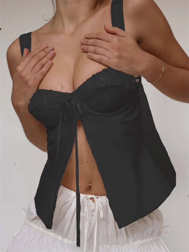 Chic Suspender Strap Summer Women Sleeveless Low Cut V Neck Split Hem Vest Casual Party Club Backless Vest Crop Top