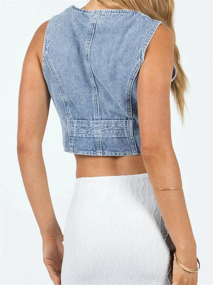 Denim Sleeveless V-neck Summer for Women Front Buttons Up Irregular Hem Mini Vest Party Clubwear 2024 Crop Top
