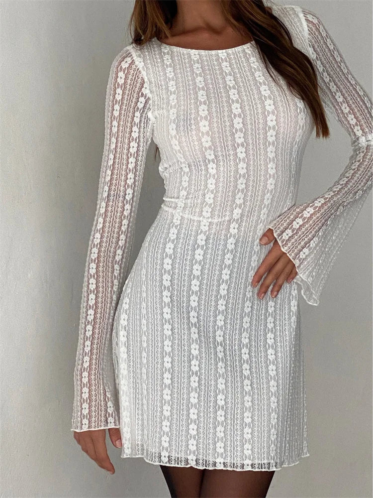 Mesh See Through Round Neck Mini Dresses Main image