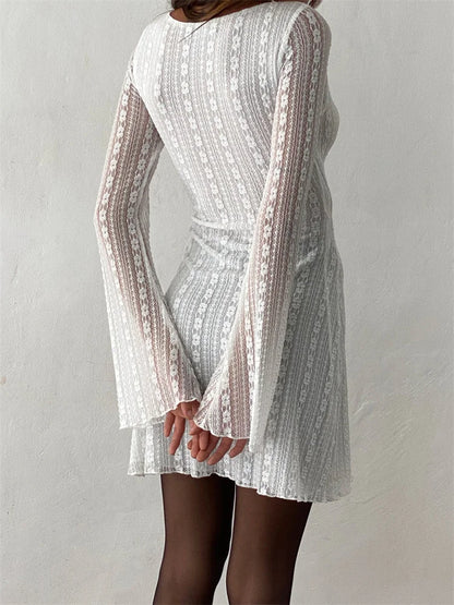 Mesh See Through Round Neck Mini Dresses