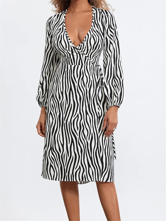 Long Sleeve V-Neck Zebra Striped Print Tie-Up Casual Midi Dress