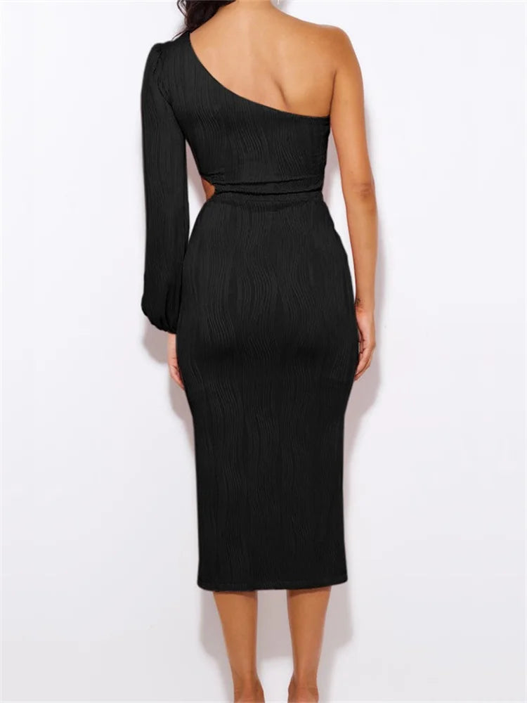 Off Shoulder Long Sleeve Ruched Solid Color Hollow Out Backless Midi Dress