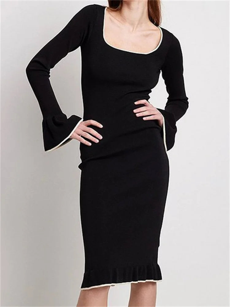 Elegant Patchwork Square Neck Long Flare Sleeve Ruffles Backless Midi Dress Main image