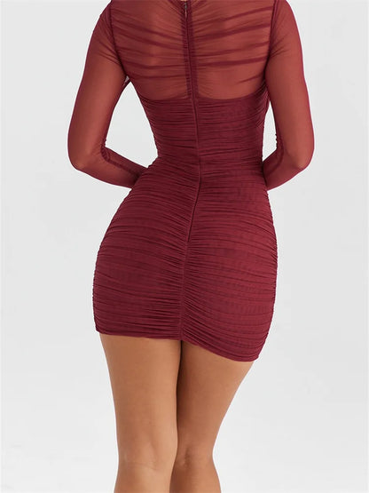 Mesh Patchwork See Through Long Sleeve Solid Mini Dresses