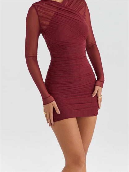 Mesh Patchwork See Through Long Sleeve Solid Mini Dresses