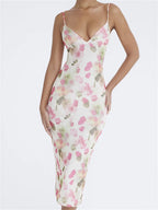 Sleeveless Strap Sling V-Neck Floral Print Slim Cocktail Party Midi Dress