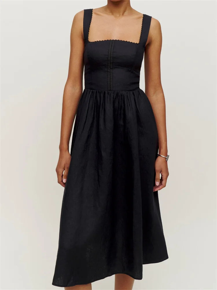 Elegant Square Neck Button-Up Sling High Waist A-Line Summer Midi Dress Main image