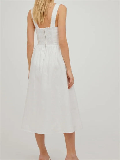 Elegant Square Neck Button-Up Sling High Waist A-Line Summer Midi Dress