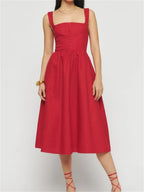 Elegant Square Neck Button-Up Sling High Waist A-Line Summer Midi Dress