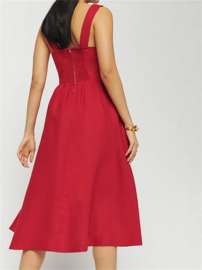 Elegant Square Neck Button-Up Sling High Waist A-Line Summer Midi Dress