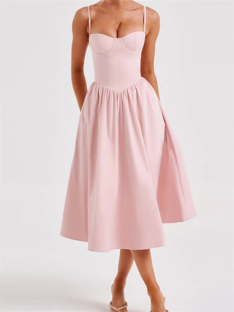 Elegant Solid Color Sleeveless Strap Low Cut Backless Formal Midi Dress Main image
