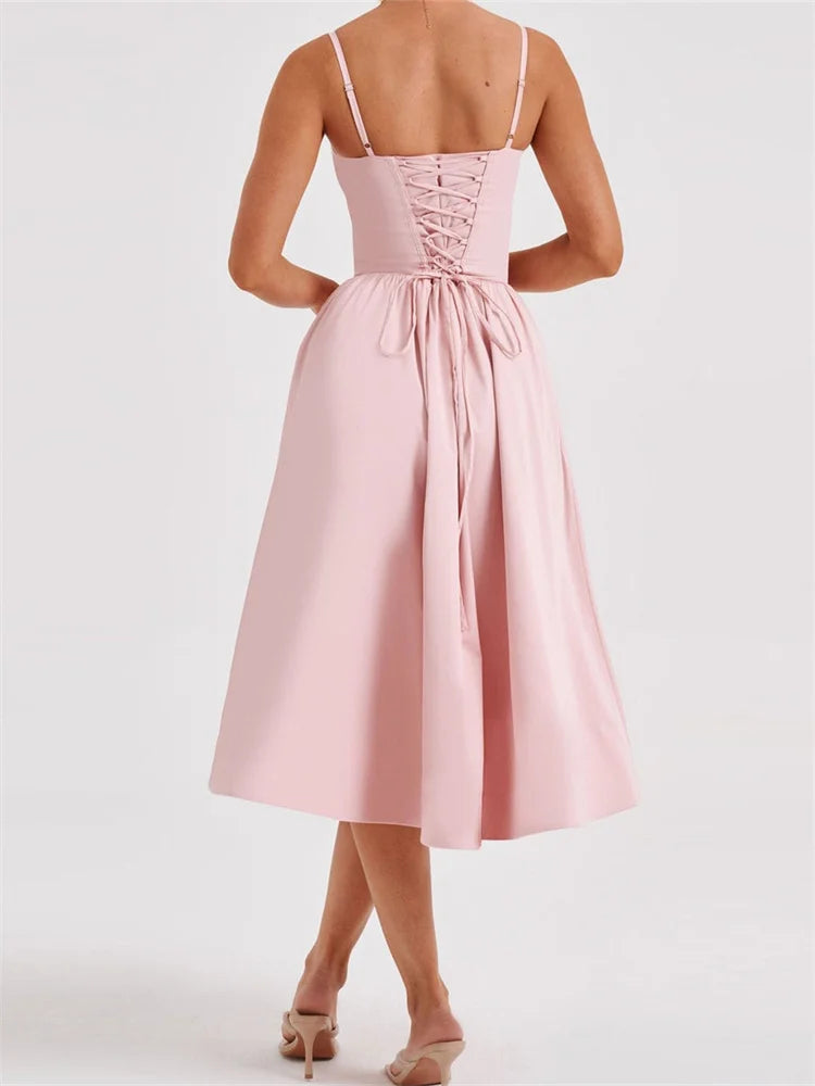 Elegant Solid Color Sleeveless Strap Low Cut Backless Formal Midi Dress Secondary image