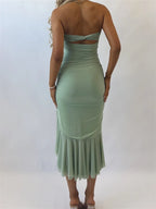 Summer Tube Strapless Off Shoulder Irregular Hem Ruffles Party Midi Dress