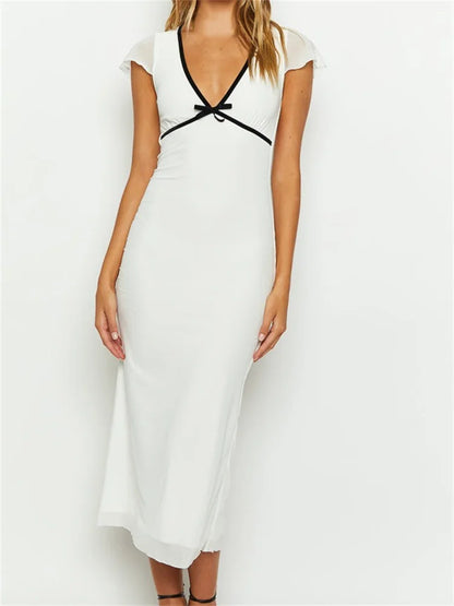 Elegant Summer Skinny White Short Sleeve Deep V Neck Contrast Midi Dress