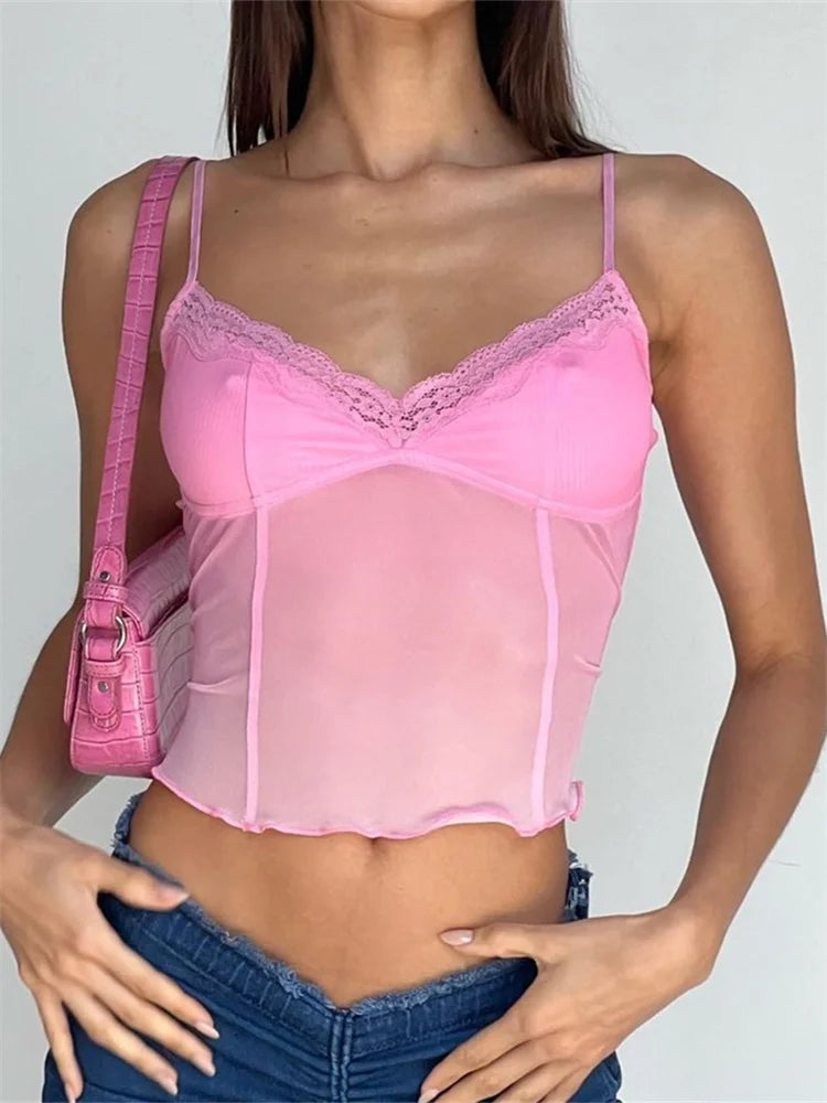 Fairy  Women Sleeveless V-neck See-through Y2K Slim Mini Chic Aesthetics Crosets 2024 Crop Top Main image