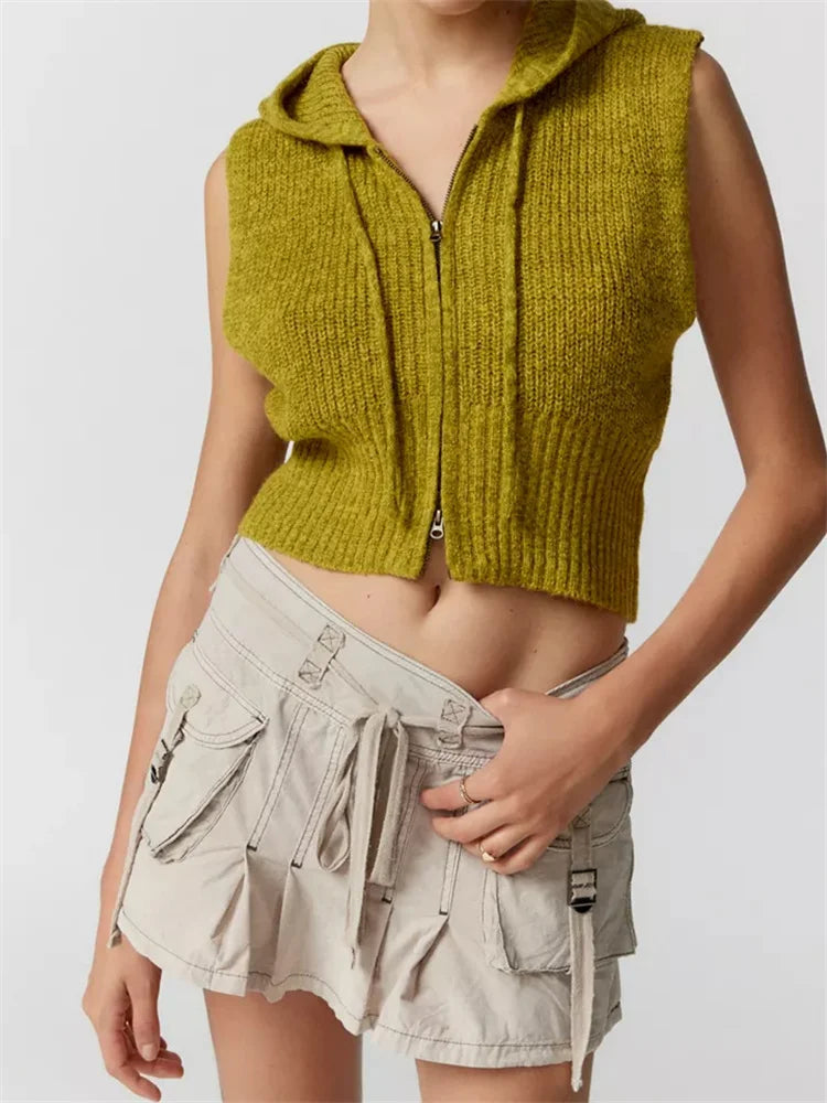 Fashion Knitted Hooded Sweater Vest Solid Color Front Zip Up Drawstring Sleeveless Cropped Streetwear 2024 Crop Top Main image