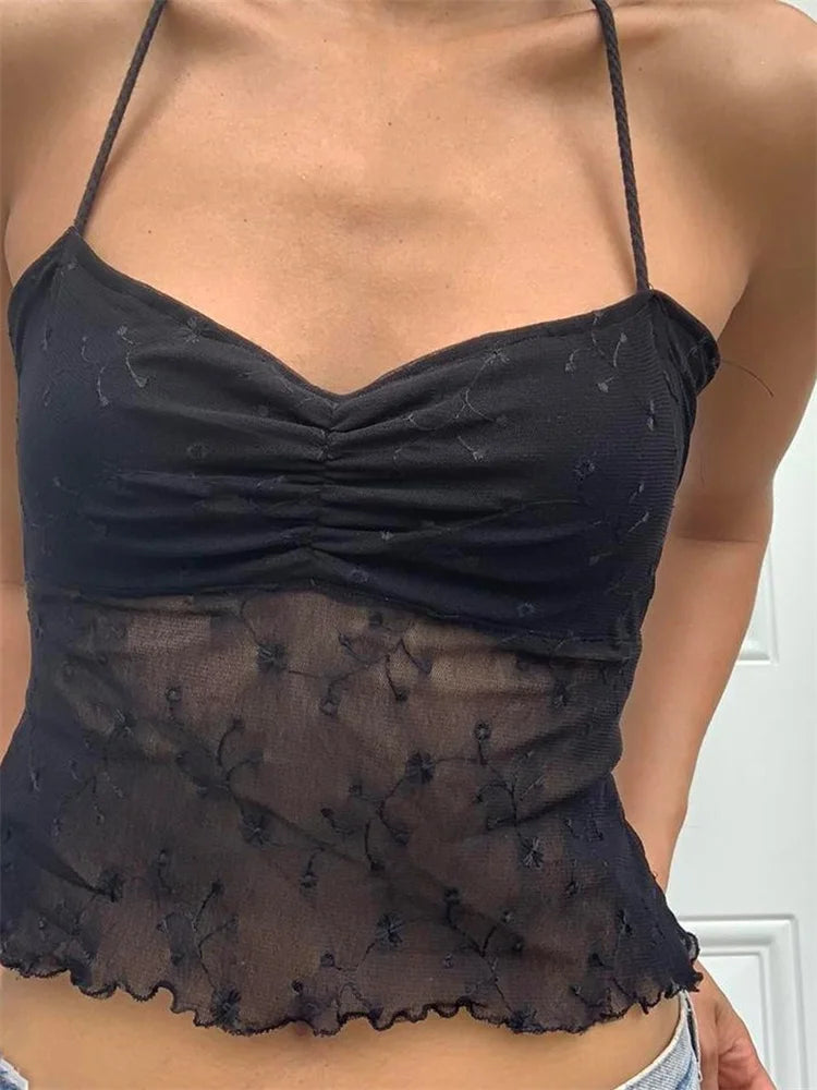 Flower Mesh Patchwork Fairycore Retro Halter Y2K Aesthetics  Backless Summer Boho Beach Tank Crop Top Main image