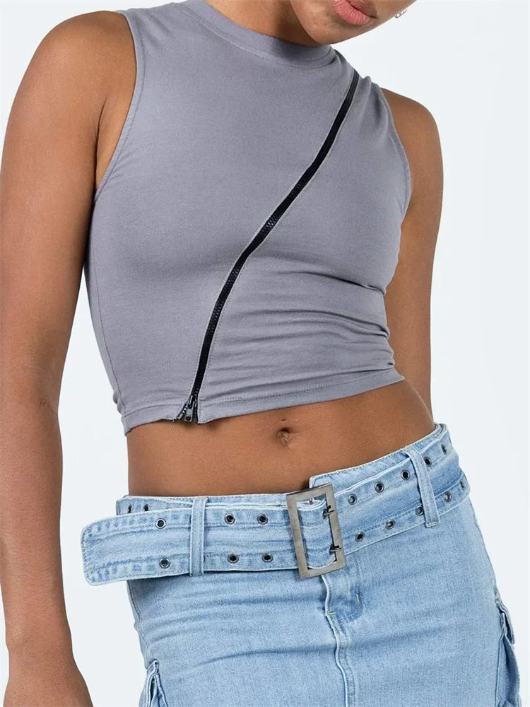 Front Irregular Zipper Summer Streetwear 2024 Sexy Sleeveless Slim Fit Solid Basic Mini Vest New Crop Top