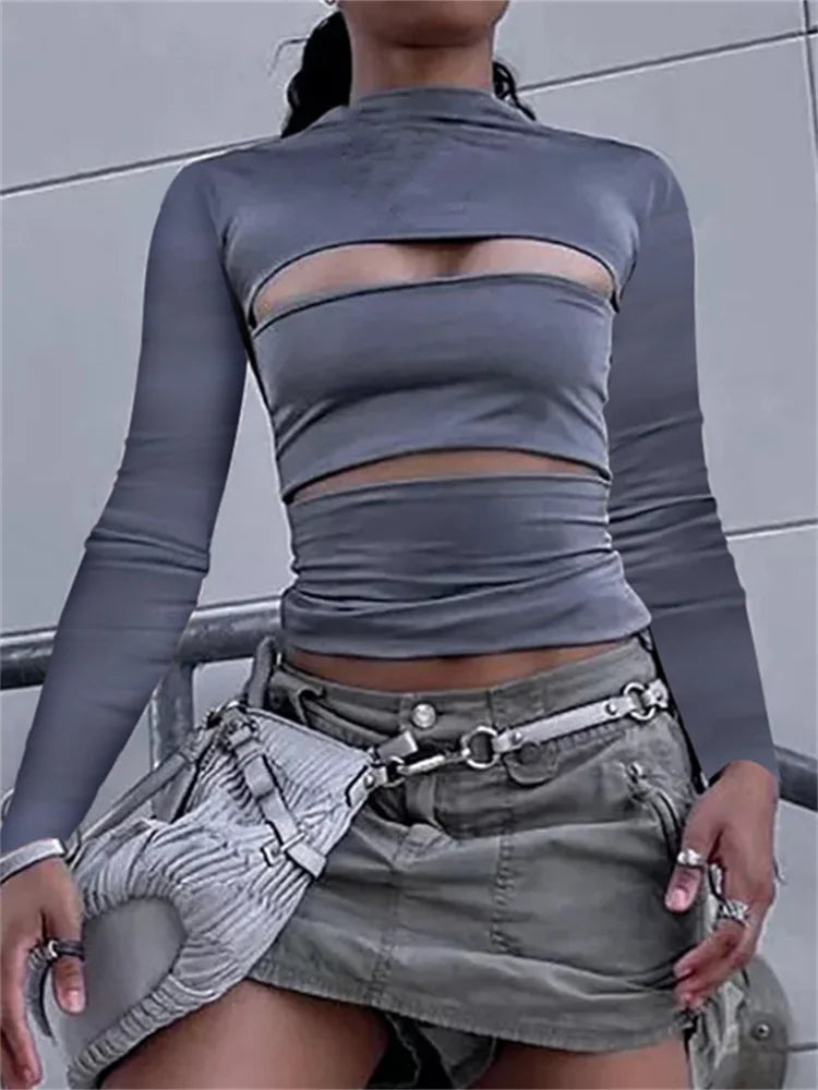 Hollow Out O Neck 2024 Slim Fit Basic  Y2K T-shirts Main image