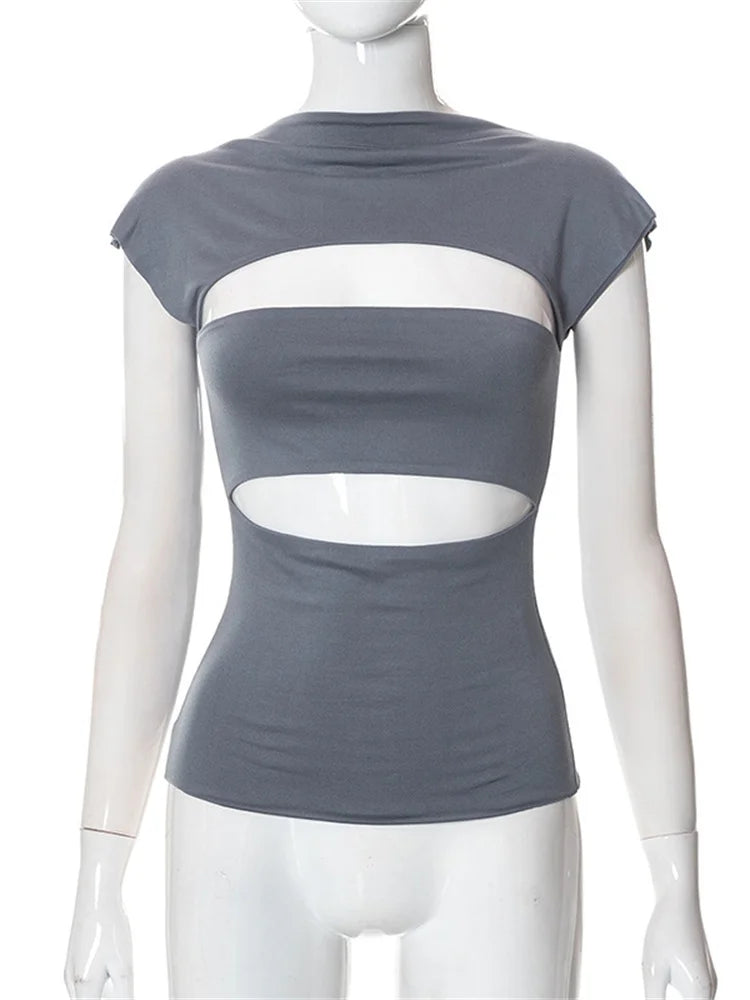 Hollow Out O Neck 2024 Slim Fit Basic  Y2K T-shirts
