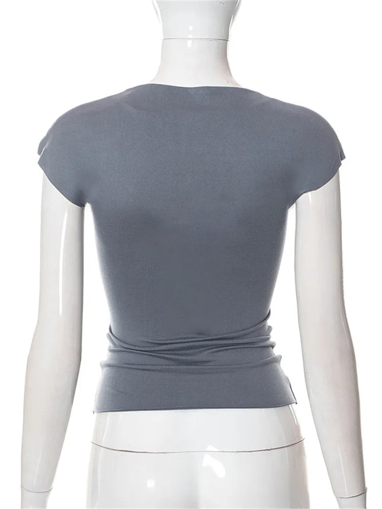 Hollow Out O Neck 2024 Slim Fit Basic  Y2K T-shirts