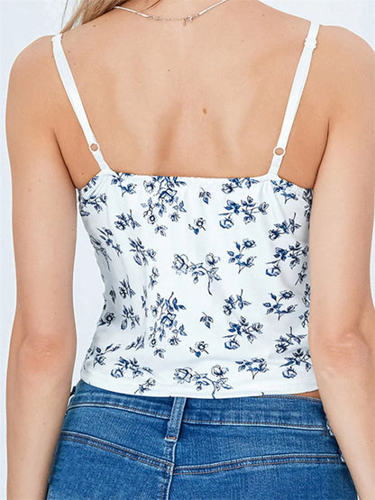 Knitted Lace Floral Print Sleeveless Strap Cropped for Women V-neck Summer Slim Fit Summer Mini Vest Crop Top