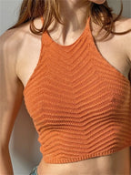 Knitted Ribbed Mini Vest Top for Women Summer Streetwear Sleeveless Halter Lace-up Backless Off Shoulder Cropped Crop Top