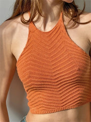 Knitted Ribbed Mini Vest Top for Women Summer Streetwear Sleeveless Halter Lace-up Backless Off Shoulder Cropped Crop Top