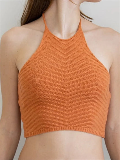 Knitted Ribbed Mini Vest Top for Women Summer Streetwear Sleeveless Halter Lace-up Backless Off Shoulder Cropped Crop Top