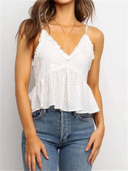 Lace Floral Ruffles V-neck Sleeveless Strap Top for Women White Solid Slim Fit Summer Beach Mini Vest 2024 Crop Top