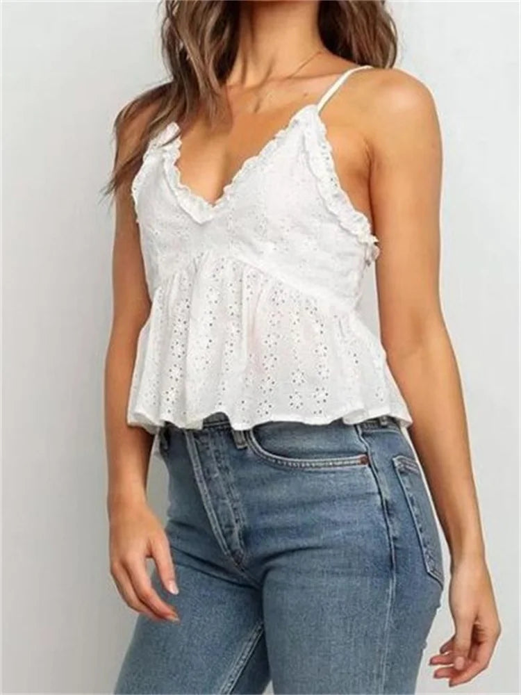 Lace Floral Ruffles V-neck Sleeveless Strap Top for Women White Solid Slim Fit Summer Beach Mini Vest 2024 Crop Top