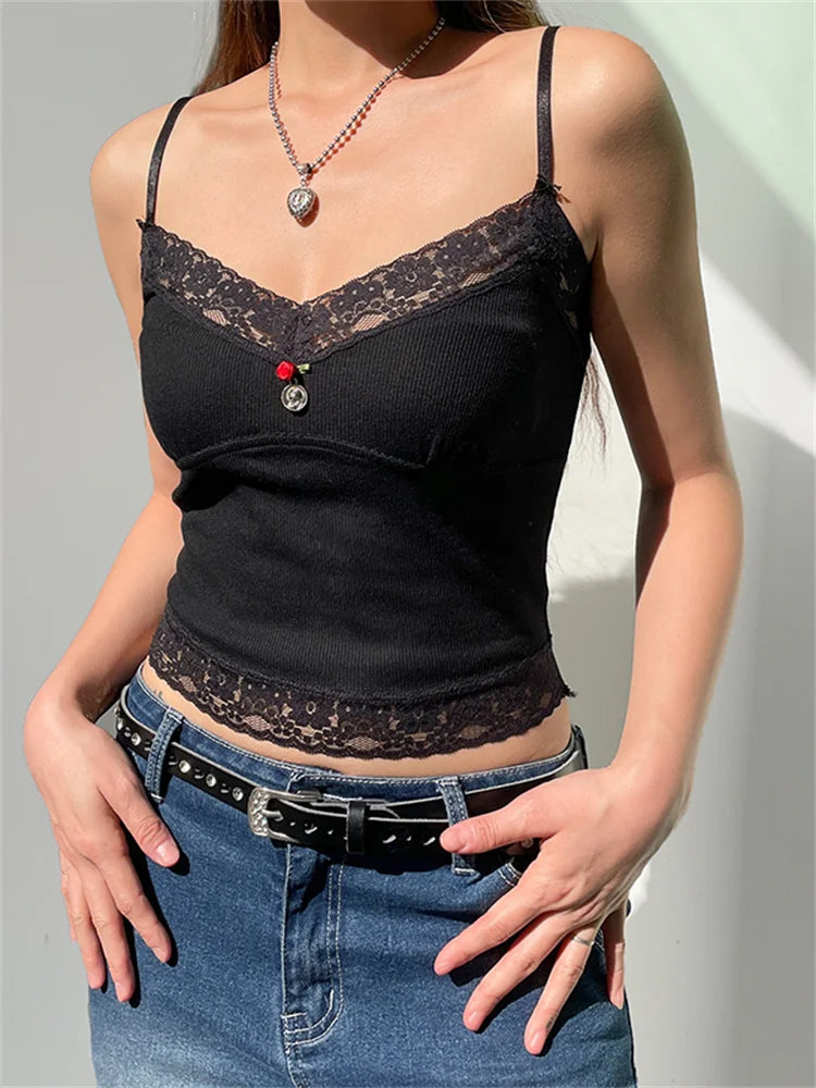 Lace Flower Patchwork Y2K Cropped Clubwear Summer 2024 New Sexy Women Strap Ribbed Slim Fit Mini Vest Crop Top