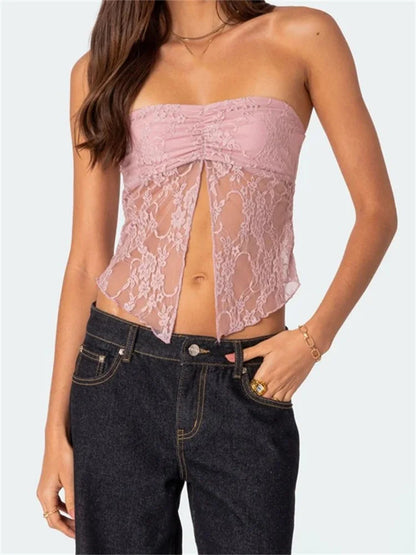 Lace Front Split Bustiers Corsets Strapless Off Shoulder Tube Party Club Mesh See Through Summer Vest 2024 Crop Top