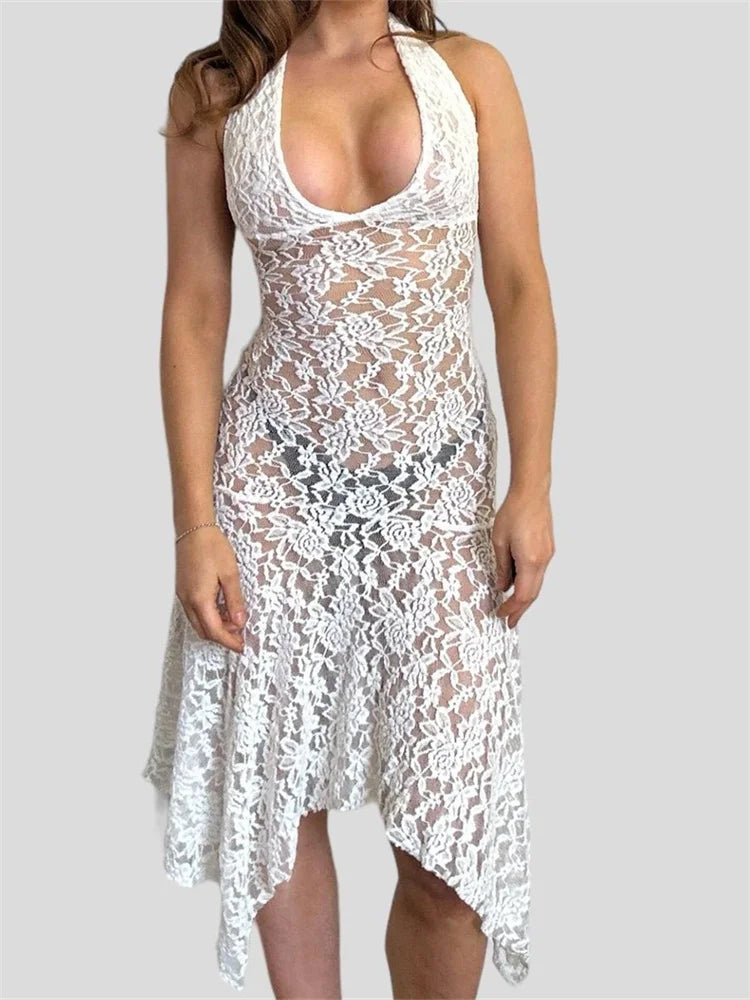 See-Through Party Halter Backless Off Shoulder Irregular Hem Midi Dress Main image