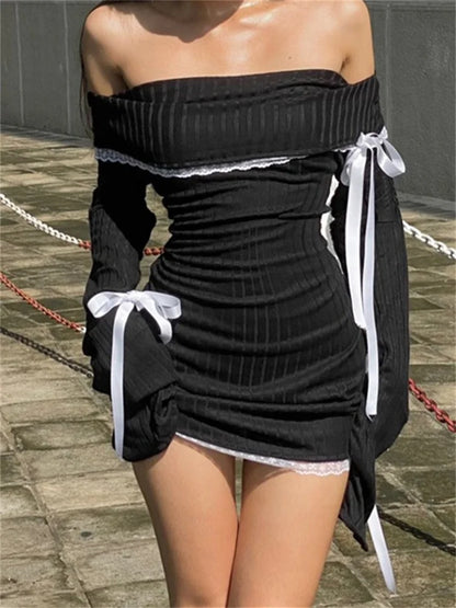 Lace Patchwork Off Shoulder Long Sleeve Mini Dresses