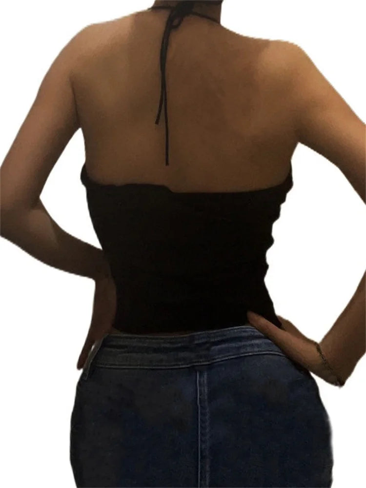 Lace See Through Flower Patchwork Retro Summer Streetwear Y2K Women Halter Backless Off Shoulder Mini Vest Crop Top