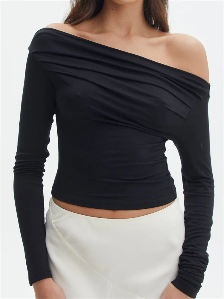 Long Sleeve Off Shoulder Ruched Slim Fit Spring Autumn Solid Female Streetwear T-shirts Main image