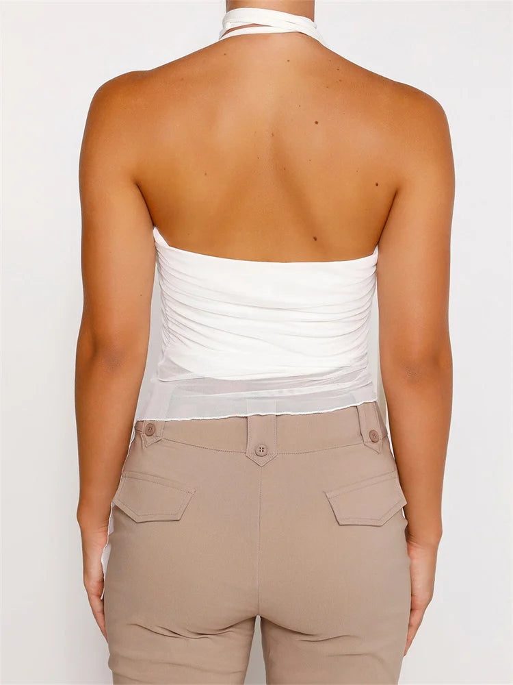 Mesh See Through Y2K Clubwear Sexy Women Halter Criss-cross Tie-up Off Shoulder Cutout Irregular Hem Vest Crop Top