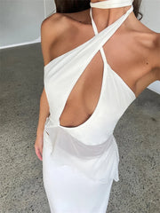 Mesh See Through Y2K Clubwear  Women Halter Criss-cross Tie-up Off Shoulder Cutout Irregular Hem Vest Crop Top