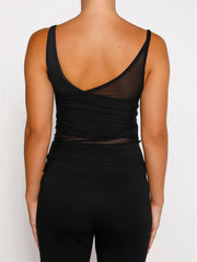 Mesh Sheer See Through Patchwork Exposed Navel Summer Streetwear  Women Irregular Hem Black Mini Vests Crop Top