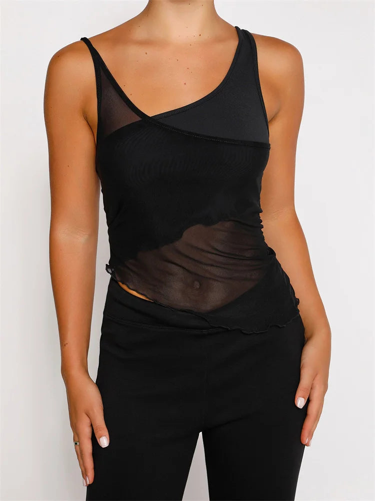 Mesh Sheer See Through Patchwork Exposed Navel Summer Streetwear Sexy Women Irregular Hem Black Mini Vests Crop Top