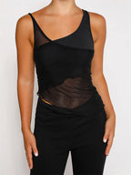 Mesh Sheer See Through Patchwork Exposed Navel Summer Streetwear  Women Irregular Hem Black Mini Vests Crop Top