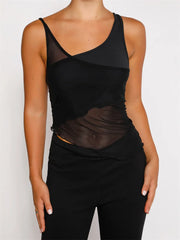 Mesh Sheer See Through Patchwork Exposed Navel Summer Streetwear  Women Irregular Hem Black Mini Vests Crop Top