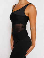 Mesh Sheer See Through Patchwork Exposed Navel Summer Streetwear  Women Irregular Hem Black Mini Vests Crop Top