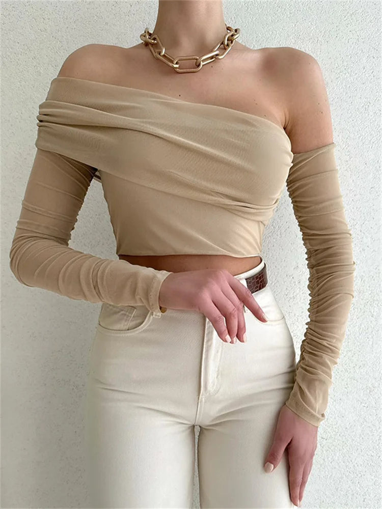 Mesh Sheer See Through Crop Off Shoulder Ruched Long Sleeve Summer New T-shirts Main image