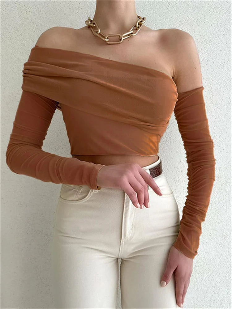 Mesh Sheer See Through Crop Off Shoulder Ruched Long Sleeve Summer New T-shirts