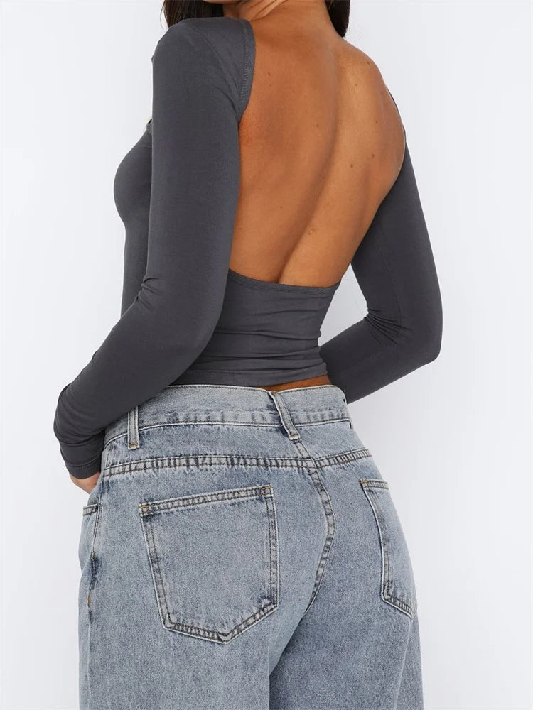 O Neck Sexy Cropped 2024 Spring Autumn Backless Basic T-shirts